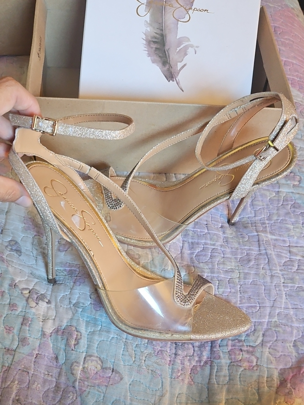 Jessica Simpson Champagne Glitter Ankle-Strap Stilettos